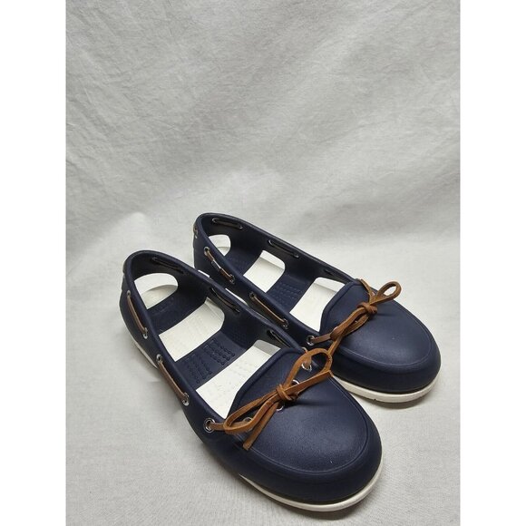 Crocs Shoes Womens Boatline Boat Blue Rubber Cutout Laces Flat Heel Slip On 6 - Picture 1 of 7